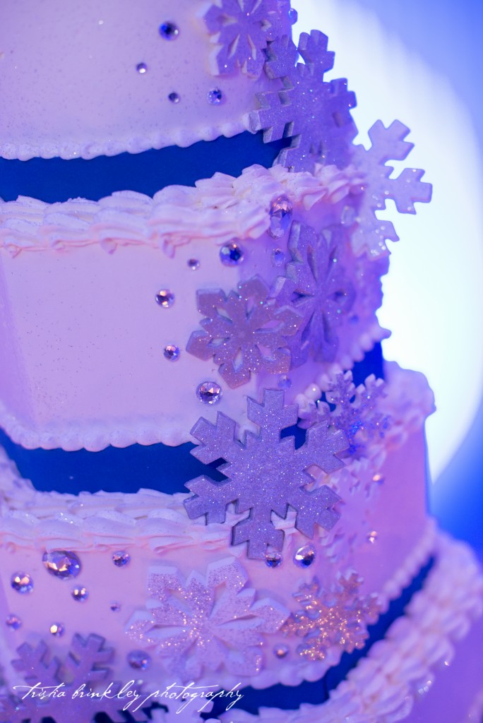 Cheryl and Tom's winter wonderland themed wedding reception was held at the Ram's Head Inn. A Sweet Memory supplied a four tier cake covered with sparkling snow flakes and edible glitter. Photo courtesy of Trisha Brinkley photography.