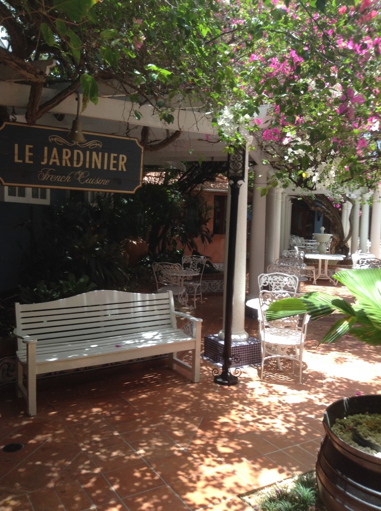 Courtyard entrance to Le Jardinier Restaurant one of eight at the Sandals Royal Caribbean Resort.